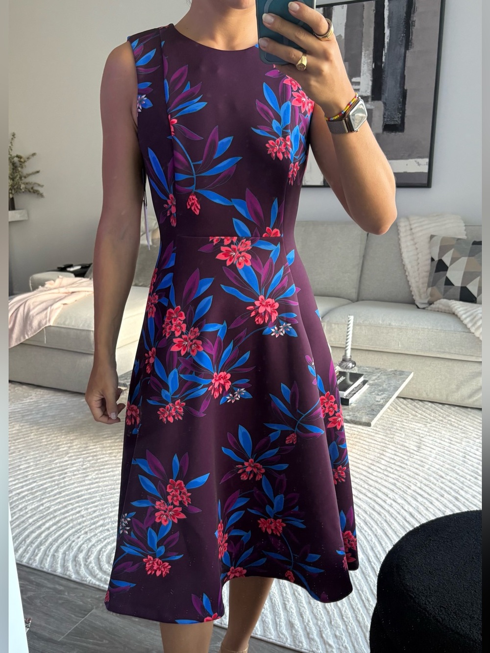 Calvin Klein Plum Midi Flared Dress with Blue & Pink Floral Print